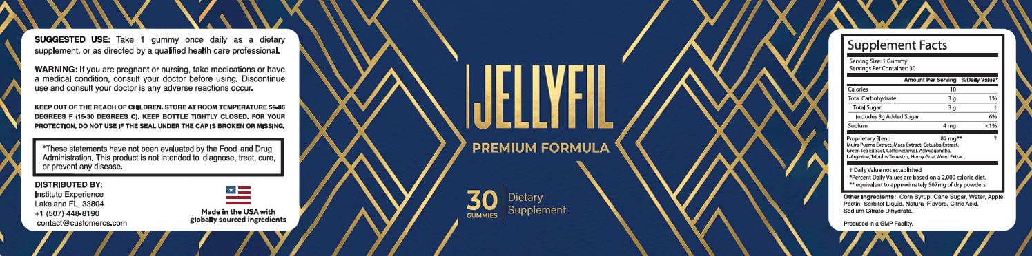 JellyFil Gummies label showing Supplement Facts, suggested use and warnings
