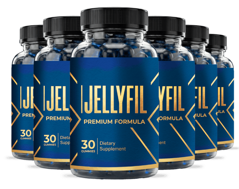 Six bottles of JellyFil Gummies men's vitality supplement lined up