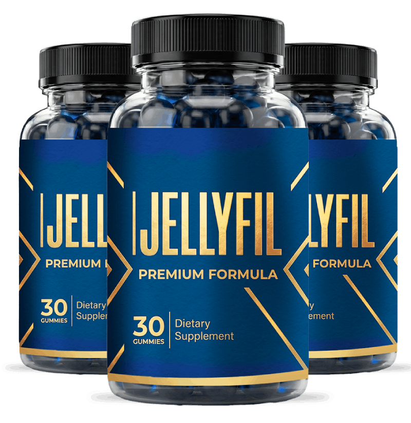 Three bottles of JellyFil Gummies premium formula men's dietary supplement, 30 gummies per bottle