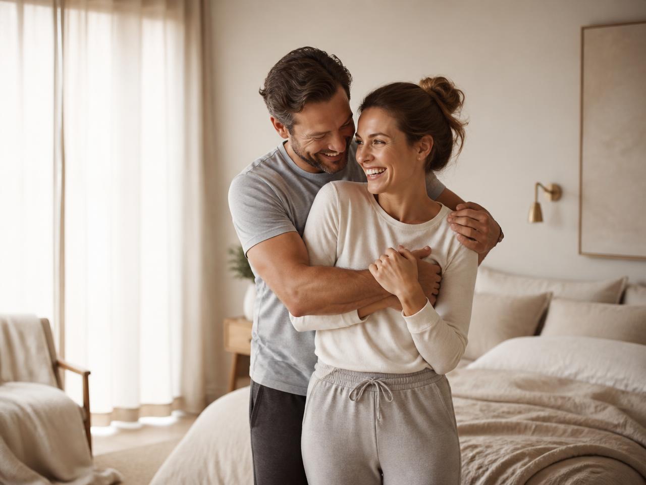 Married adult couple embracing warmly in a bright bedroom, reflecting confidence and connection