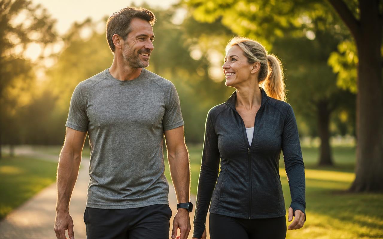 Active adult couple walking outdoors, representing an everyday healthy lifestyle routine